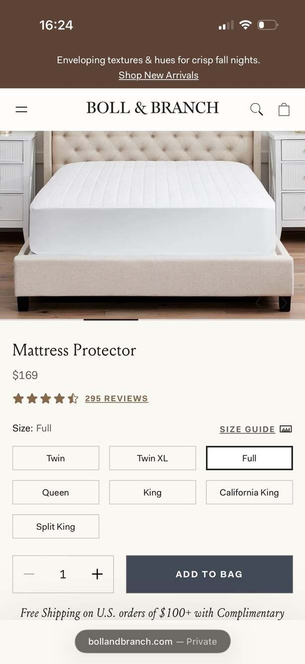 Boll & Branch Mattress Protector Full Size White Organic Cotton